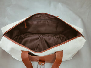 Salvatore duffel bag  white canvas and veg tan