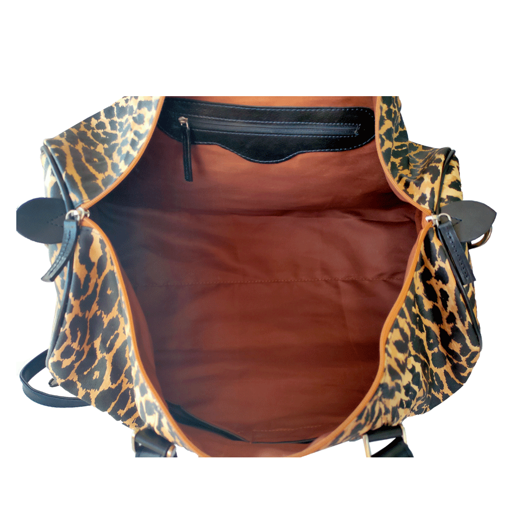 Cody travel leopard print canvas and black leather