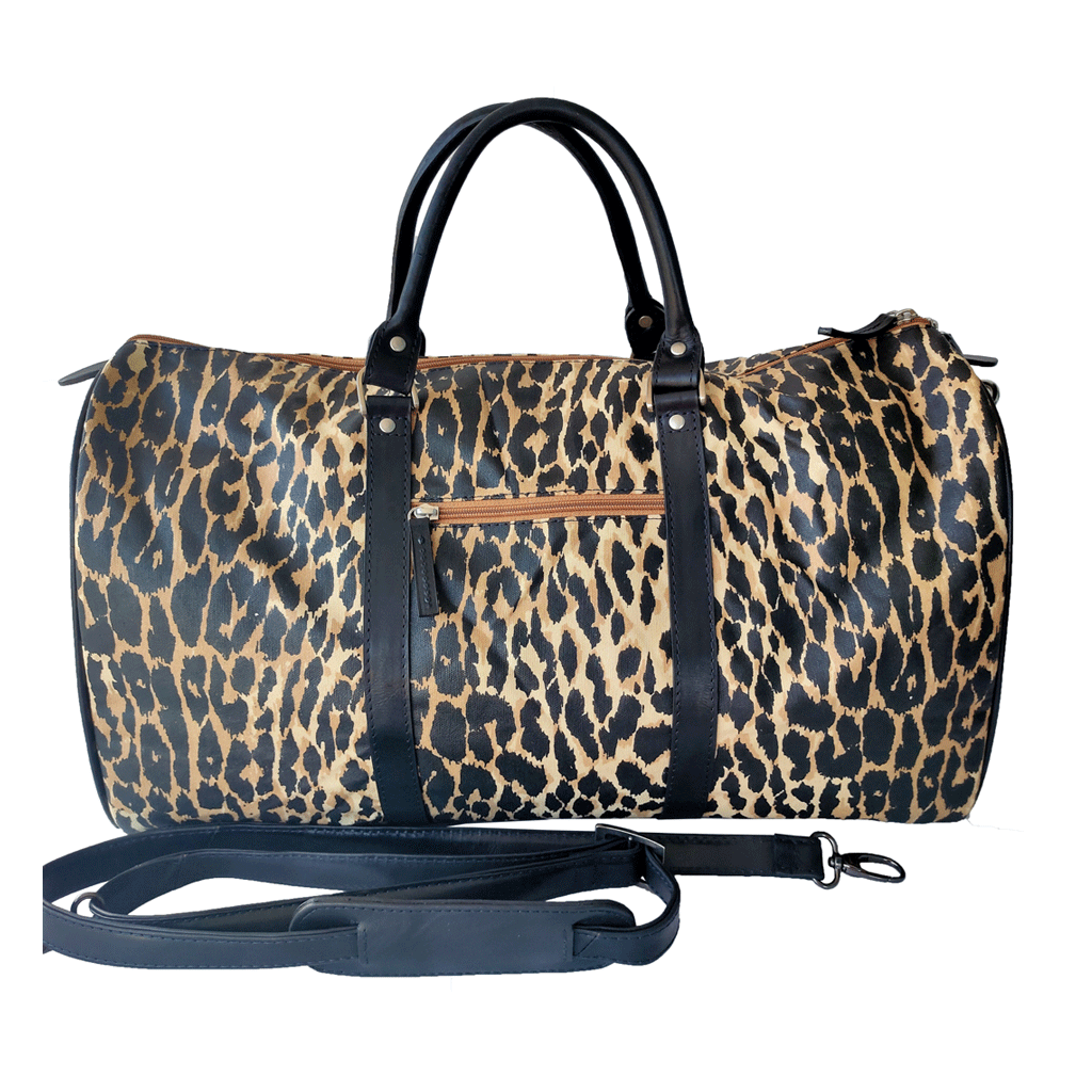 Cody travel leopard print canvas and black leather