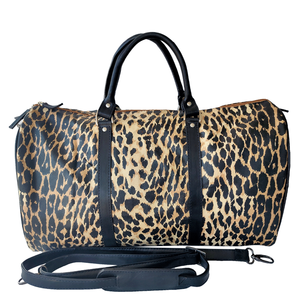 Cody travel leopard print canvas and black leather